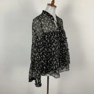 English Factory Blouse Small Black Gray Sheer Boho Long Sleeve Vintage thumbnail 5