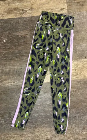 aerie‎ Olive Green Leopard Print Leggings with Pink Side Stripe thumbnail 1