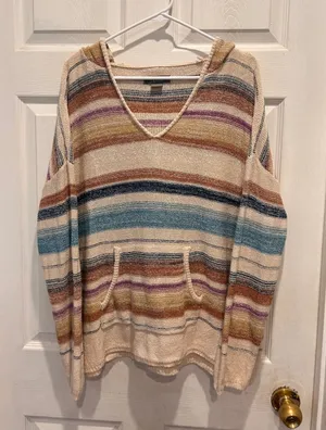 Natural Reflections Womens XL Striped Knit Hoodie V-Neck Baja Sweater Multicolor thumbnail 1
