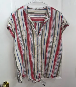 Old Navy multicolor striped button down‎ v-neck cuffed sleeve tie hem shirt XL thumbnail 1