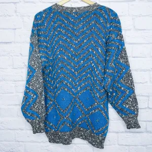 Vintage 80s Geometric Blue and Gray Zig Zag Sweater thumbnail 4