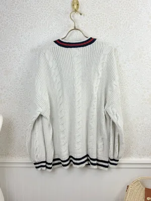 American Eagle Creamy Gray Varsity Cable Knit Button Cardigan - Size - Large thumbnail 4