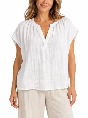 Old Navy Popover Blouse Size XXL White Cotton Gauze Short Sleeve NWT V-Neck thumbnail 10