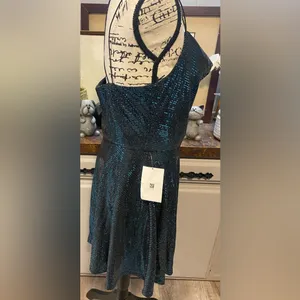 NWT B Darlin Blue Sequin Sparkly Cowl Neck Mini Dress thumbnail 4