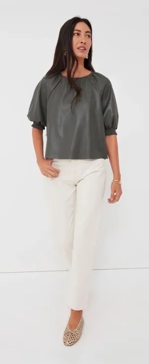 SAYLOR Juana Top Faux Leather Sage Gray Puff Sleeves Solid Streetwear Large‎ thumbnail 1