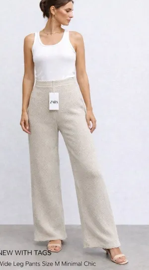Zara NWT Beige Textured Bouclé Wide Leg Pants Size M thumbnail 1