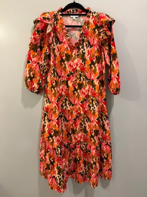Mudpie V-Neck Ruffle Detail Patterned Midi Dress Pink Orange Multi thumbnail 4