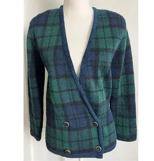 Pendleton • Navy Green Plaid Wool Blazer Sweater Cardigan Vintage thumbnail 1