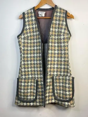 Vintage 60s 70s Patty Woodard Wool houndstooth Plaid Long mod Vest womens 10 S M thumbnail 1