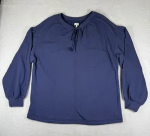 Aerie Blue Textured Boho Tassel Tie Split Neck Puff Sleeve Top Size‎ Medium thumbnail 1