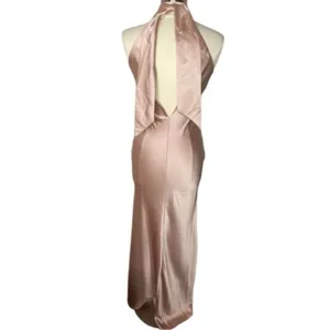 LOVELY Imogen Draped Twist Halter Tie-Back Trumpet Gown in Toasted‎ Sugar, XS thumbnail 4