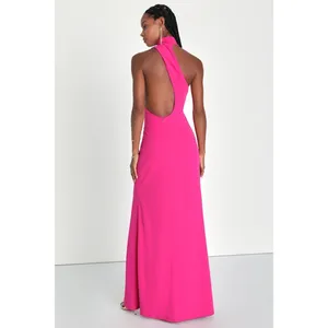 NWT Lulus Keep It Interesting Hot Pink Asymmetrical Halter Maxi Dress Holiday L thumbnail 3