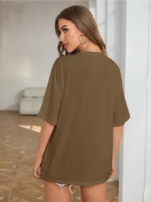 Amazon Oversized Boyfriend fit Cotton Brown Short Sleeve Crewneck Tee NWOT thumbnail 4