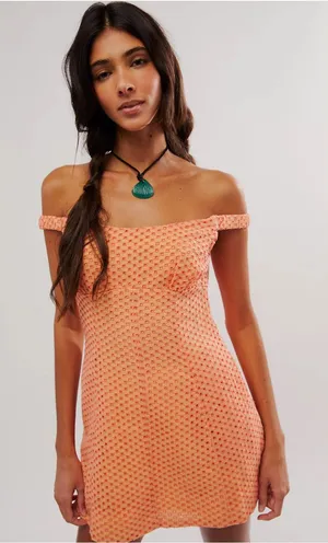 FREE PEOPLE Berry Kiss Peach Mini Dress Medium Boho Coquette Feminine thumbnail 1