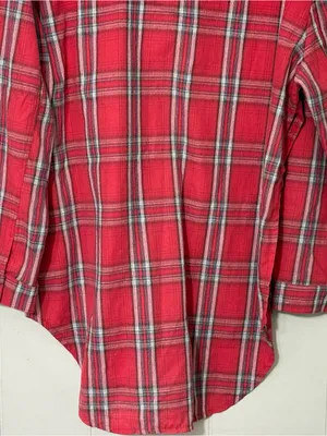 POL Red Plaid Lace Up Tunic Shirt Size L Boho Grunge Flannel Oversized Top thumbnail 9