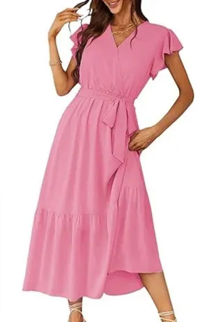Prettygarden pink boho flowy Maxi wrap dress V Neck short Ruffle sleeve NWT SM thumbnail 1