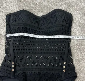 New Large Black Strapless Sheer Crochet One Piece Swim Suit with Button Detail thumbnail 12