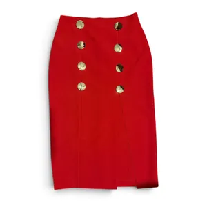 Zara Red High Waisted Midi Skirt Gold Buttons Front Slit Size Small thumbnail 5