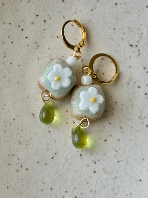 Handmade ceramic cute flower boho retro fairy dangle earrings 🌵🌺🌞💚 thumbnail 5