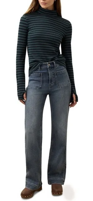FAHERTY Turtleneck Top Green Navy Stripe Sz Small NEW thumbnail 1