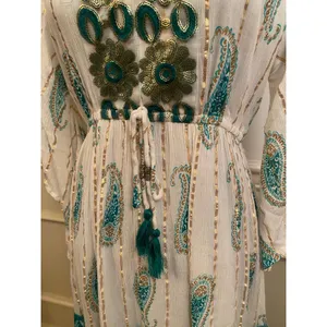 Anthropologie Me 2 Magic Boho Tassel Green White Sequin Dress Flutter Sleeve thumbnail 3