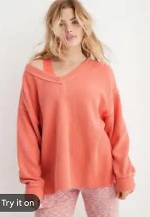 AERIE Wonder Textured V-Neck Sweatshirt Women Small Peach Waffle‎ Knit Oversized thumbnail 1