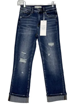 RISEN Cuffed Jeans Dark Wash Blue Straight Leg Stretch Denim Size 1 / 25 thumbnail 1