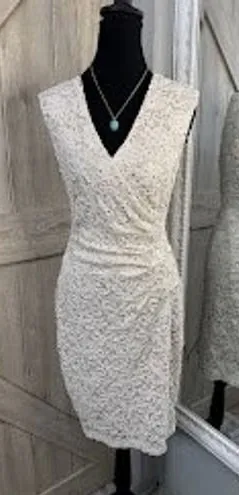 Connected Apparel Vintage Sequined White Lace Faux-Wrap Cocktail Dress - Small thumbnail 1