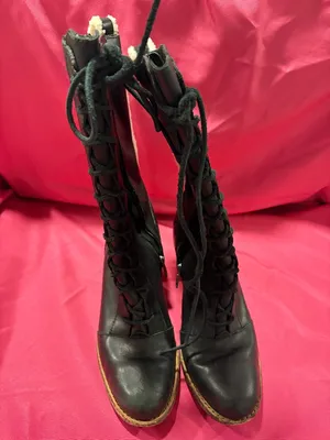 UGG Black Leather Heeled Lace-Up Boots with Cream Shearling Trim thumbnail 3