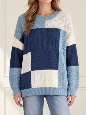 Aelfric Eden Sz XL Patchwork Cable Knit Sweater Blue Cream Colorblock Crewneck thumbnail 1