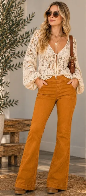 Cello Burnt Orange Mid Rise Flare Pants Boho Western Retro‎ Size M thumbnail 1