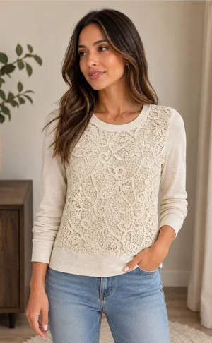 J. Crew Cream Crochet-Front Long Sleeve Top thumbnail 1