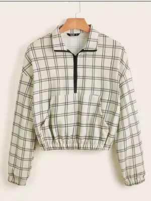 SHEIN Checkered Cream and Black Half-Zip Cropped Jacket thumbnail 1