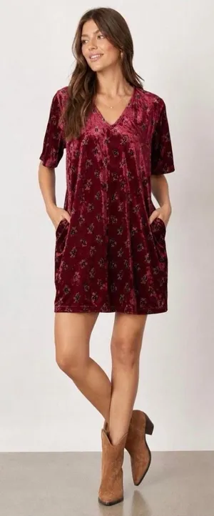 Natural Life All Day Velvet V-Neck Floral Shift Dress Burgundy XL Pockets thumbnail 1