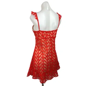 Fab'rik Red Floral Lace Embroidered V Neck Ruffle Sleeve A Line Mini Dress L thumbnail 3