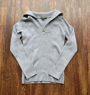 Eddie Bauer Women’s Gray Ribbed Quarter Zip Wing Collar Fitted Sweater - Size S thumbnail 1