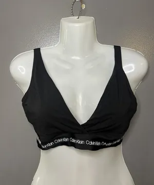 Calvin Klein Bralette Bra Womens Large Black Cotton Wireless Logo V Neck Stretch thumbnail 1