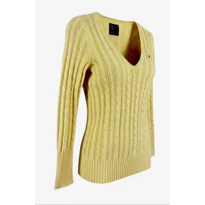 Y2K American Eagle V Neck Fitted Cable Knit Sweater Women Medium Yellow Preppy thumbnail 2