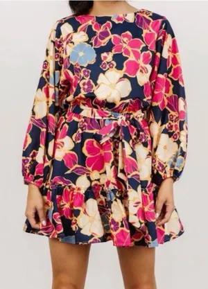 Baltic Born tally mini dress floral colorful balloon‎ long sleeve tie belt large thumbnail 1