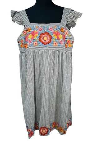 Savanna Jane White Striped Ruffled Dress Floral Embroidery Red Yellow Orange thumbnail 1