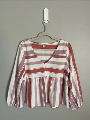 AMERICAN EAGLE Striped Linen Blend V-Neck Peplum Babydoll Top Sz S thumbnail 3