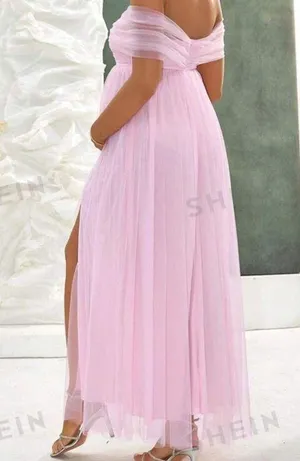 Pink Off The Shoulder Maternity Dress | Baby Shower Dress thumbnail 3