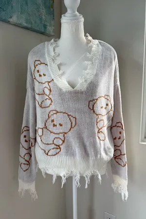 Just Polly White Kawaii Distressed Teddy Bear Sweater Soft Grunge Small thumbnail 1