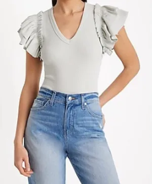 Express Ribbed Bodysuit Medium Mint Green Knit Ruffle Cap Sleeve‎ V Neck Top thumbnail 1