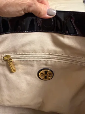 Tory Burch Tan Canvas Tote with Black Patent Leather Trim thumbnail 14