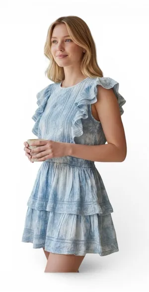 Cottagecore Boho LoveShackFancy Cotton Tie Dye Lace Ruffle Mini‎ Dress Blue XS thumbnail 1