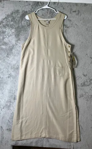 Vintage Tan Sleeveless‎ Dress Minimalist Grandma Cottagecore Lagenlook 14 New thumbnail 1