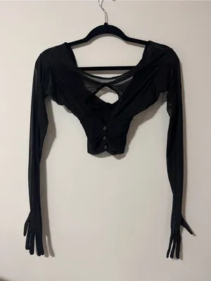 Whimsy Goth Black Mesh Attached Gloves Crop Top Shirt Costume Going Out Sz XS thumbnail 3