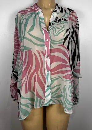 Zara Chiffon Tropical Blouse Sz XL Long Sleeves Shirt Top thumbnail 1