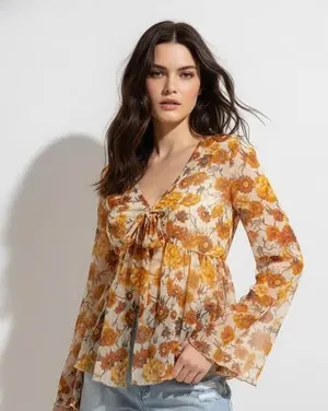 Floral Print V Neck Long Sleeve Bow Tie Front Sheer Blouse Top thumbnail 2